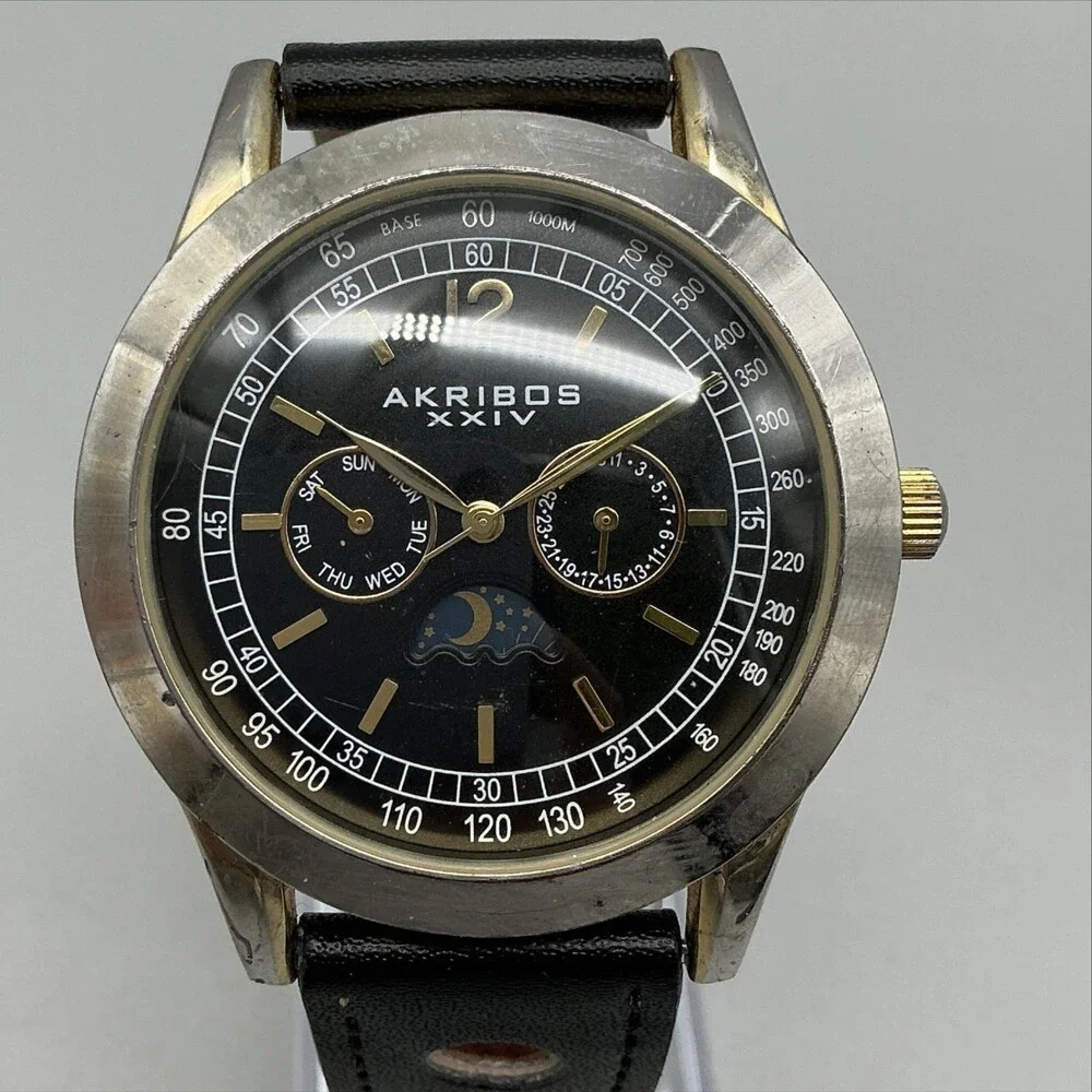 Akribos XXIV AK666XYGB Mens Watch 43mm Moon Phase Leather New Battery